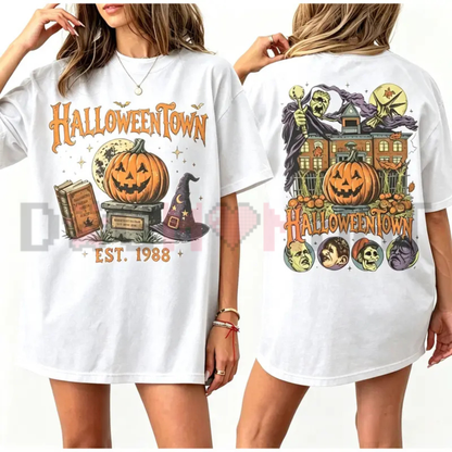 Vintage Pumpkin Witch Double-Sided Washed Tee - 90s Retro Spooky Season Halloween Unisex Graphic T-Shirt