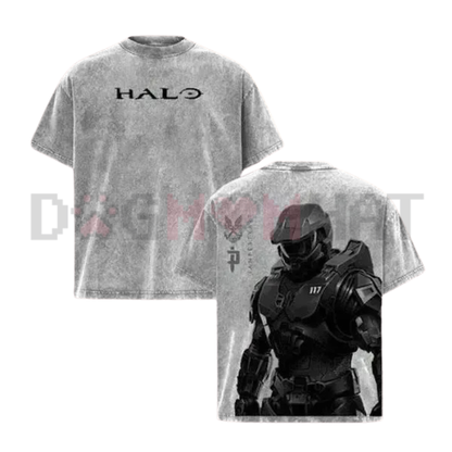 HALO Master Chief 117 Acid Wash Graphic Tee - Retro Spartan Back Print Shirt