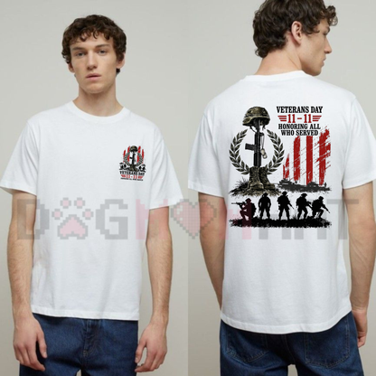 Parke Horizon Tee – Vintage Veterans Day "11-11 Honoring All Who Served" Patriotic Military Graphic T-Shirt