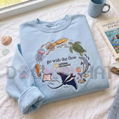 "Go With The Flow Marine Life" Embroidered Graphic Sweatshirt