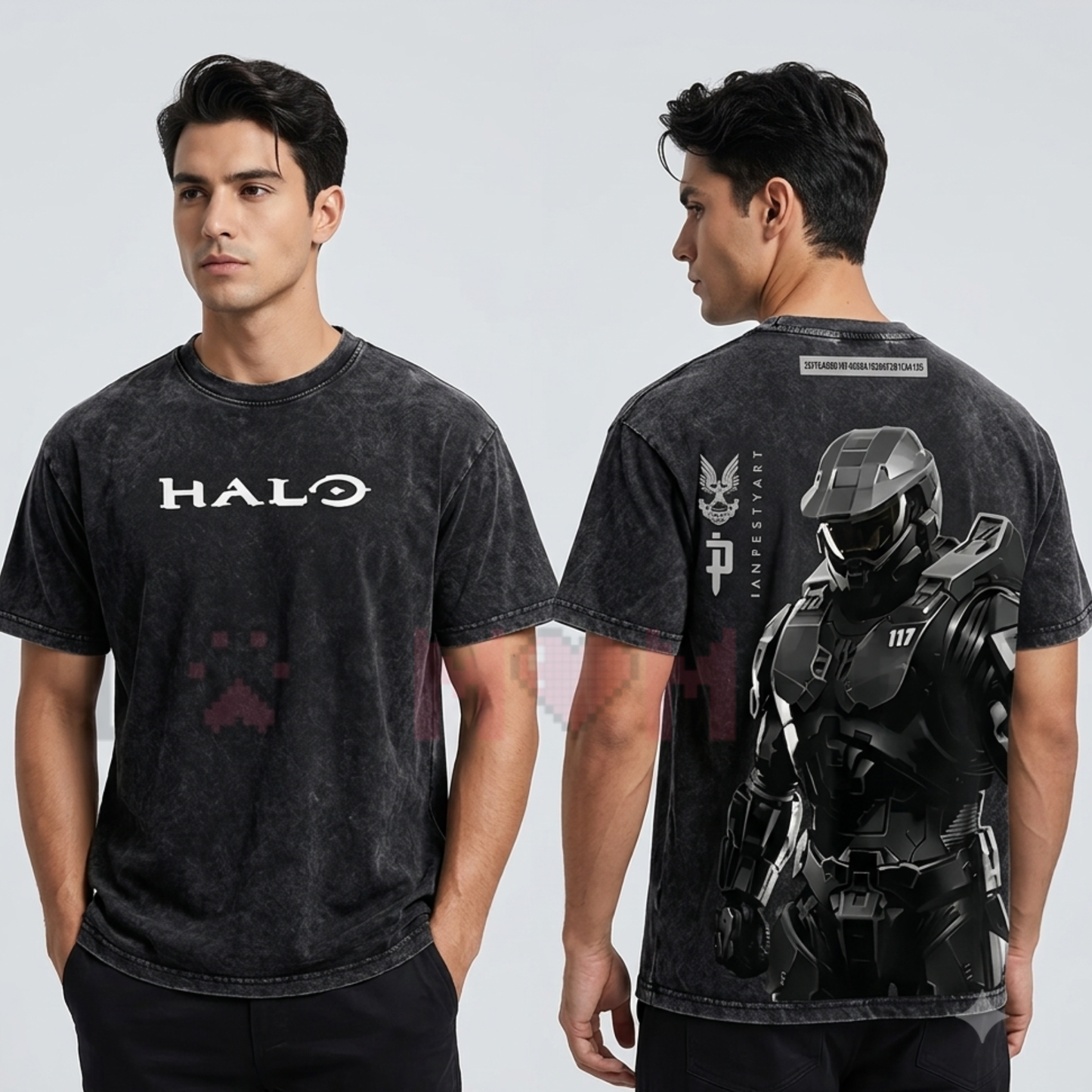 2 side view of the HALO Master Chief 117 Acid Wash Graphic T-Shirt showing the large detailed Spartan-117 design on premium mineral-washed charcoal fabric - dogmomhat