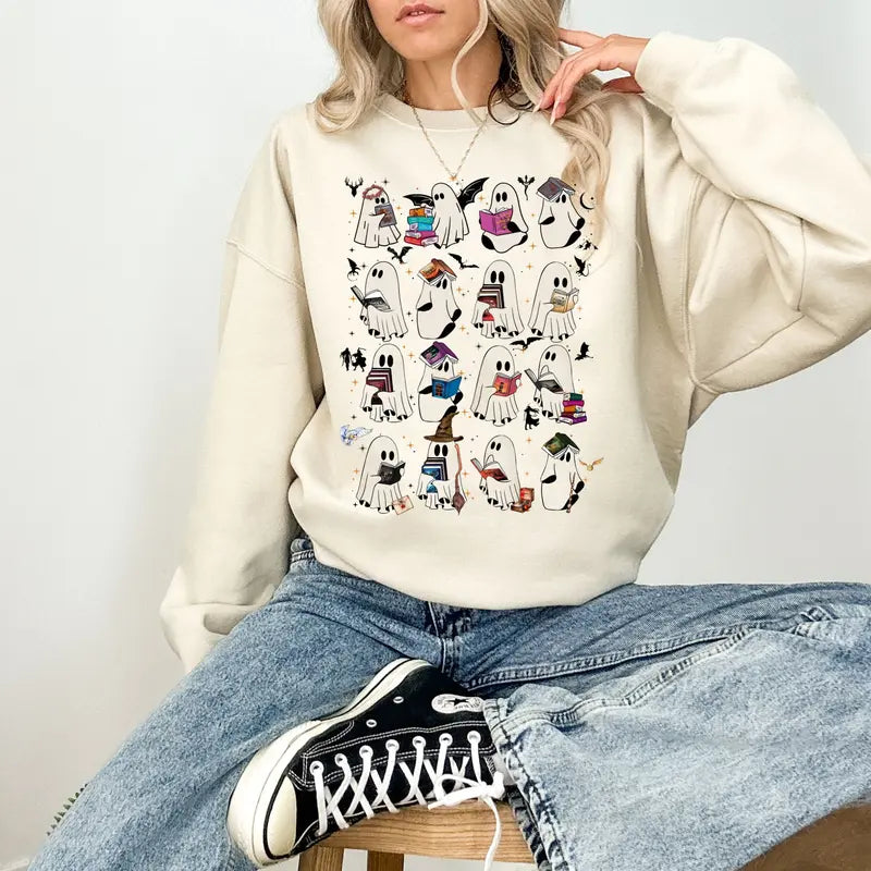 Retro Ghost Book Club Sweatshirt – Bookish Ghost Reading Tee, Halloween Gift for Book Lovers