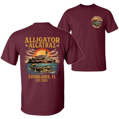 Retro Alligator Alcatraz T-Shirt – Funny Florida Everglades Double-Sided Tee, Southern Swamp Humor Shirt for Men & Women