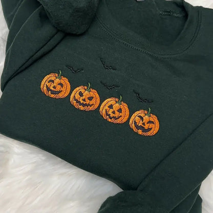 Embroidered Halloween Pumpkins Sweatshirt - Spooky Season Apparel with Bats