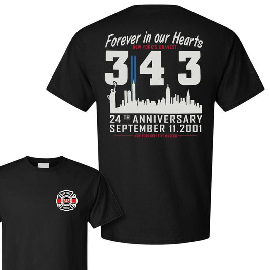 343 Forever in Our Hearts T-Shirt - 9/11 Memorial Firefighter Tribute Tee - Dogmomhat