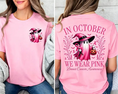 In October We Wear Pink Ghost Graphic Tee - Cute Halloween Breast Cancer Awareness Ribbon Cotton Unisex T-Shirt