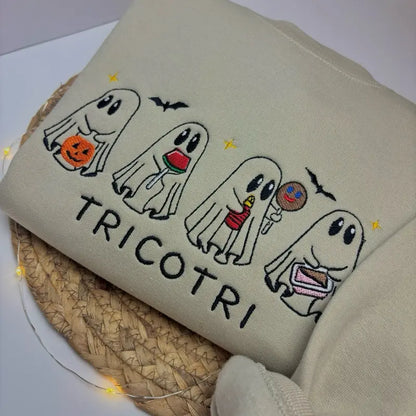 Tricotri Mexican Ghost Crewneck Sweatshirt – Spooky Embroidered Sweater, Halloween & Día de los Muertos Apparel