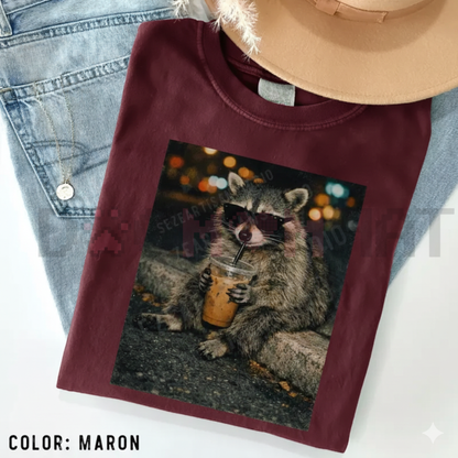 Raccoon Drinking Iced Coffee Vintage Tee