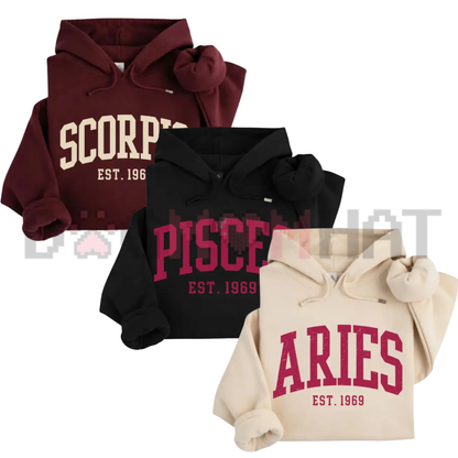 Minimalist Zodiac Sign EST Year Hoodie - Vintage College Astrology Soft Cotton Unisex Birthday Gift Pullover Sweatshirt