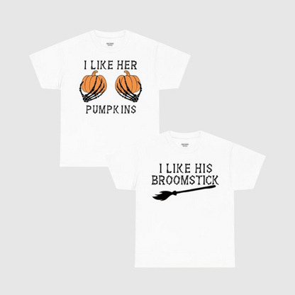 "I Like Her Pumpkins / I Like His Broomstick" Funny Halloween Couple Shirts