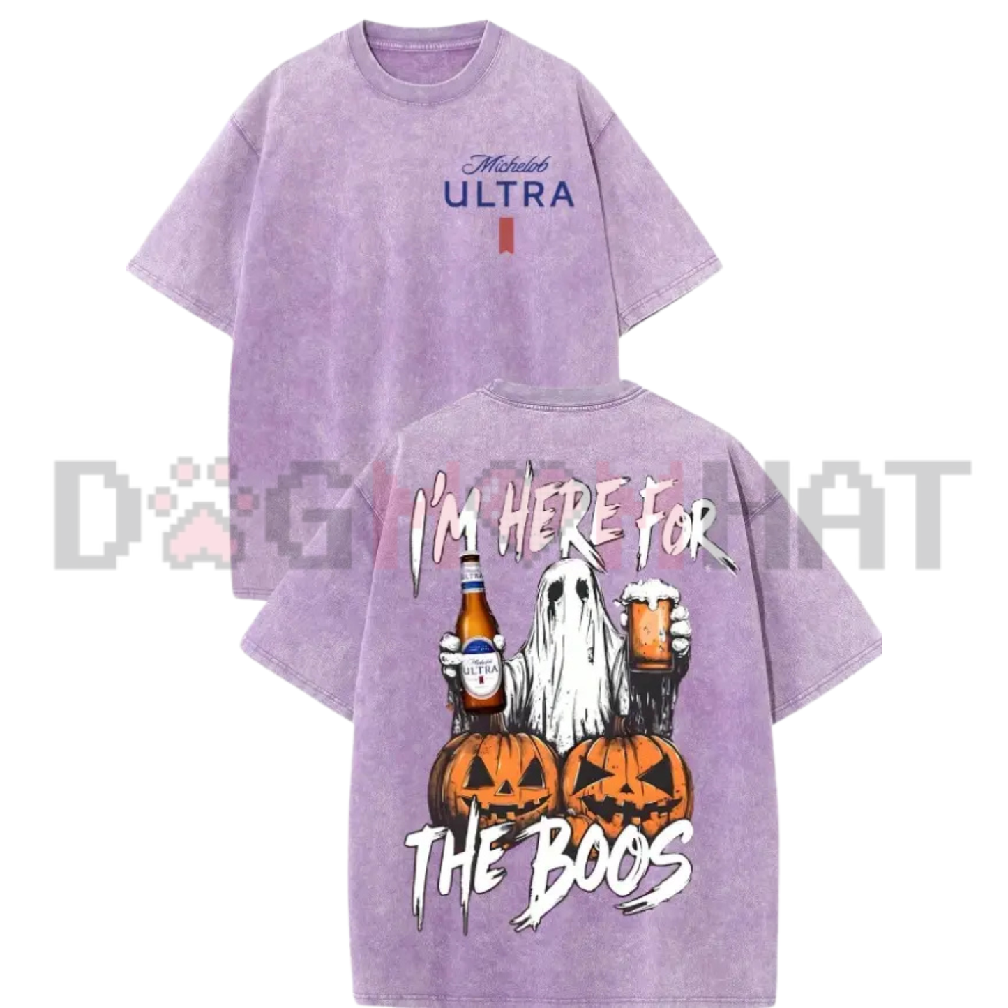 Retro Ghost Im Here For The Boos Double Sided Graphic Tee - Vintage Washed Heavyweight Cotton Unisex Halloween Streetwear T-Shirt