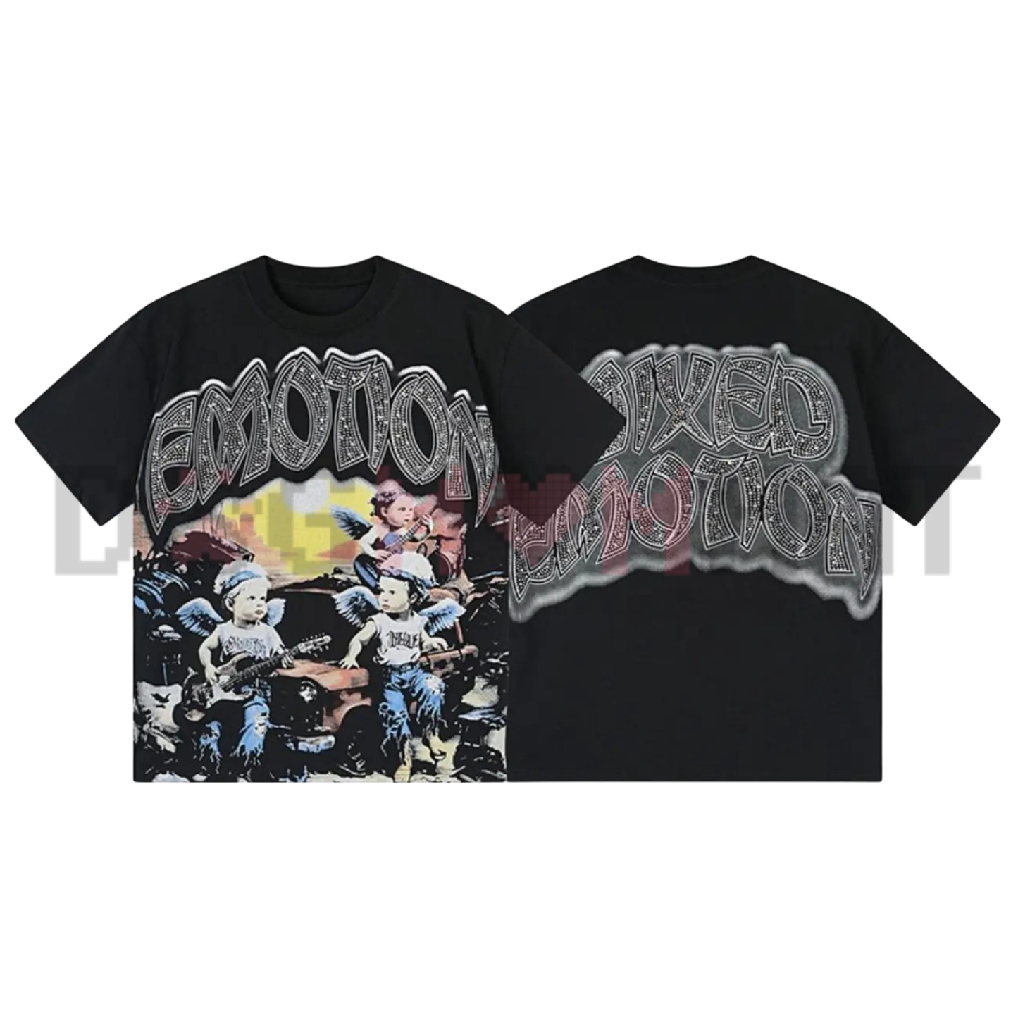 Mixed Emotion Diamond Angel Graphic Tee - Vintage Washed Cotton Unisex Y2K Hip Hop Oversized Streetwear T-Shirt