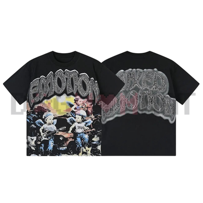 Mixed Emotion Diamond Angel Graphic Tee - Vintage Washed Cotton Unisex Y2K Hip Hop Oversized Streetwear T-Shirt