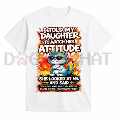 Festive Friction Tee – "I Told My Daughter To Watch Her Attitude" Funny Parenting Cat Graphic T-Shirt