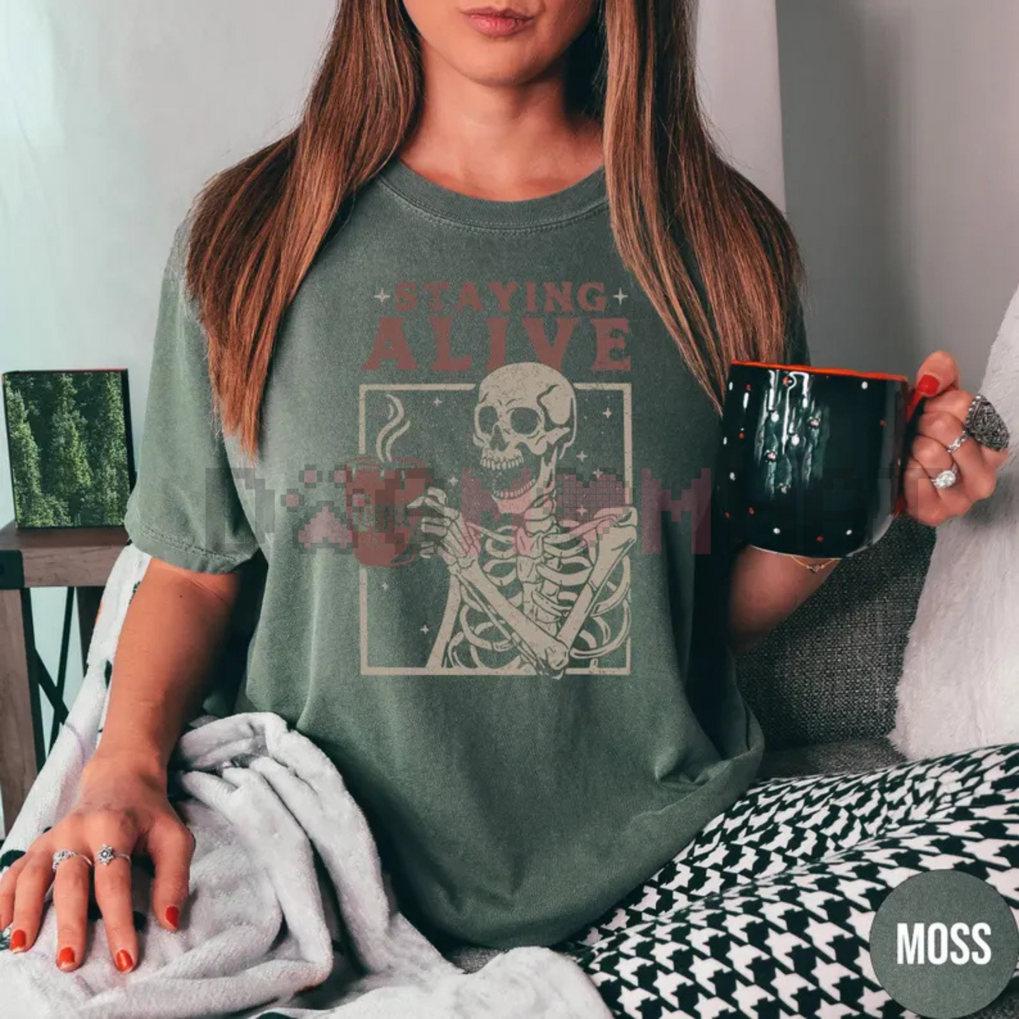 "Staying Alive" Coffee T-Shirt – Funny Skeleton Tee, Trendy Retro Halloween, Women's Comfort Colors Shirt