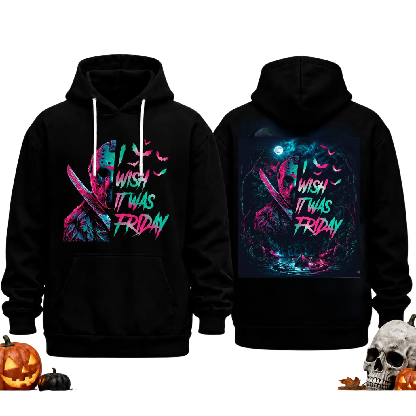 Unisex Horror Movie Villain Double-Sided Graphic Hoodie - Retro Neon Scary Character Pullover Hooded Hoodie