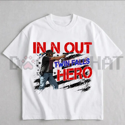 Twin Falls Landmark Hero Graphic Tee - In-N-Out Burger Culture Pure Cotton Fans Memorial T-Shirt