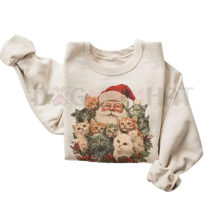 Retro Santa Claus and Kittens Christmas Winter Sweatshirt – 90s Old Saint Nick Cat Lovers Gift
