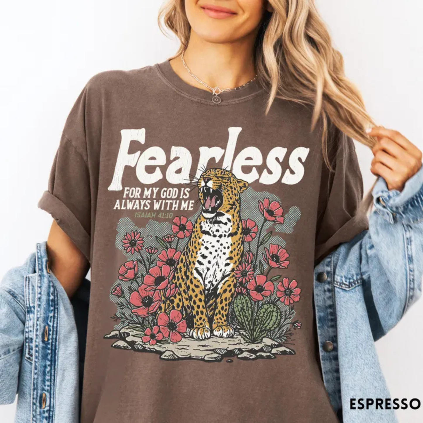 Fearless Isaiah 41:10 Bible Verse Graphic Tee - Faith Leopard Print Christian Cotton Unisex T-Shirt