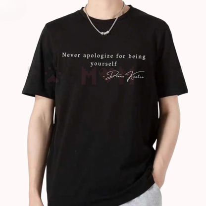 Diane Keaton Vintage Fedora T-Shirt – Classic Hollywood Style & "Never Apologize" Graphic Tee