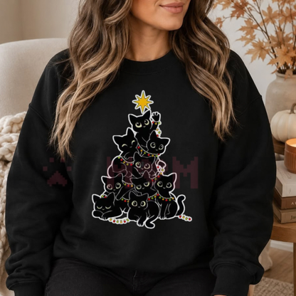 Women’s Chic Geometric Black Cat Christmas Tree Crewneck Sweatshirt