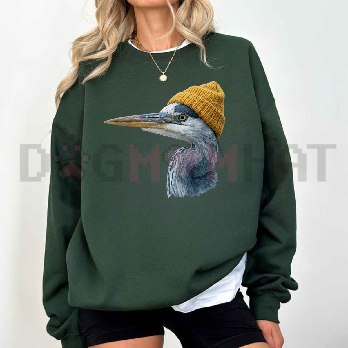 Festive Friction Sweatshirt – Retro 90s Great Blue Heron Wearing Beanie Vintage Birdwatching Crewneck