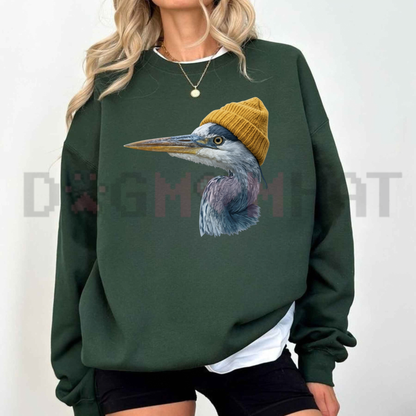 Festive Friction Sweatshirt – Retro 90s Great Blue Heron Wearing Beanie Vintage Birdwatching Crewneck