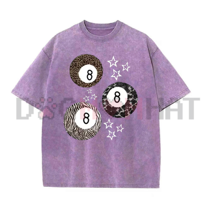 Holafish Acid Wash "8 Ball & Leopard Stars" T-Shirt - Soft Cotton Summer Graphic Tee