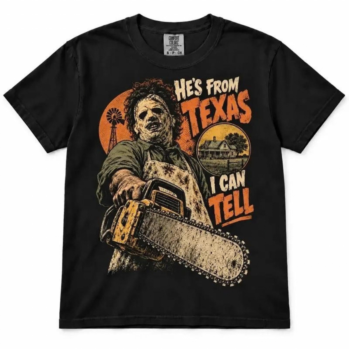 Hes From Texas I Can Tell Chainsaw Horror Graphic T-Shirt