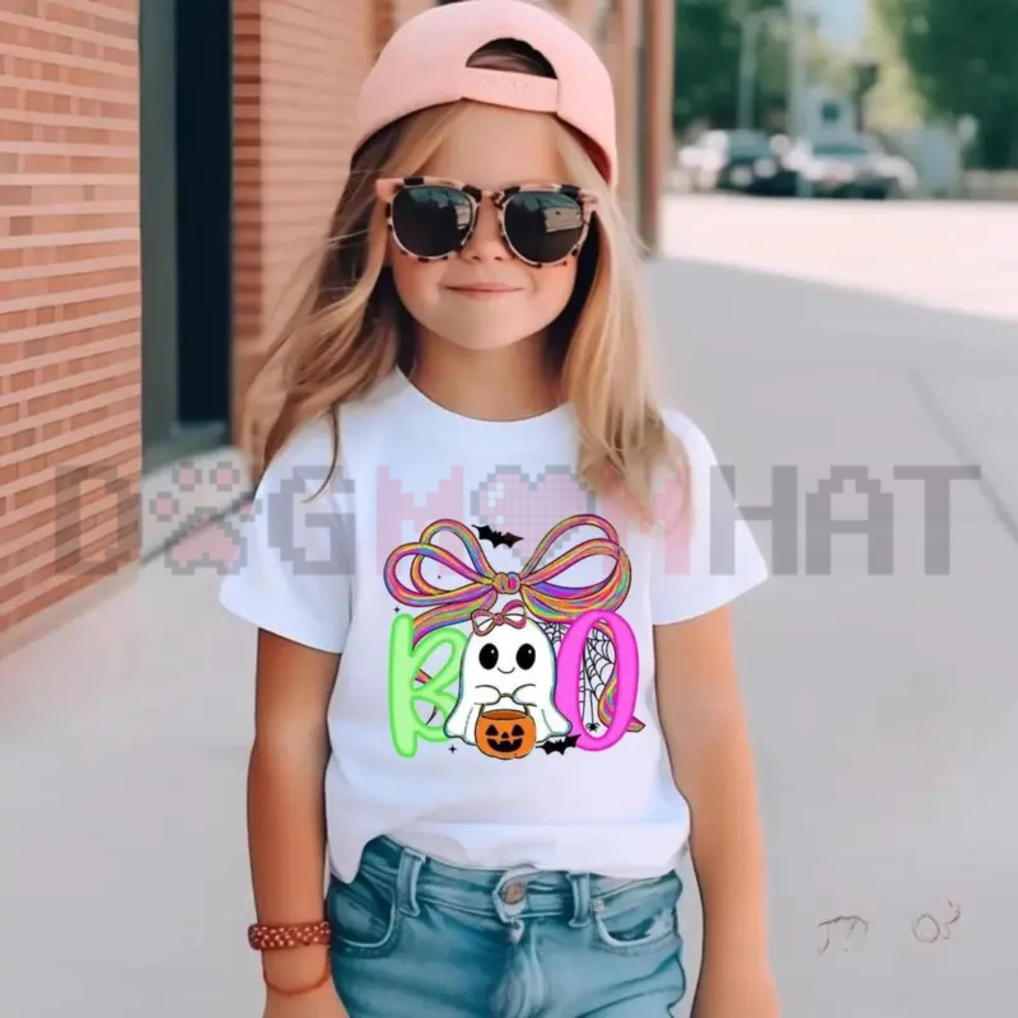 Cute Boo Ghost Floral Halloween Graphic Tee - Retro Spooky Season Soft Cotton Unisex Kids T-Shirt For Toddler & Little Girls