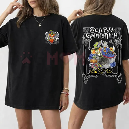 Spooky Realm Halloween Front & Back Graphic Tee - Nostalgic Cartoon Witch & Pumpkin Cotton Shirt