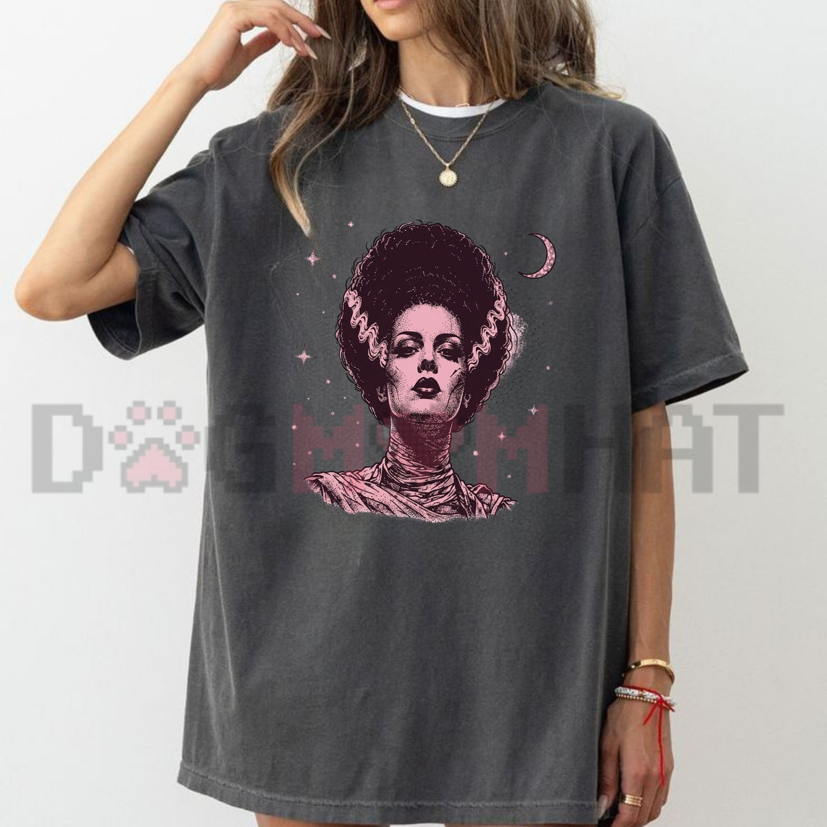 Retro Spooky Celestial Frankenstein & His Bride Front-Print Couple Tee