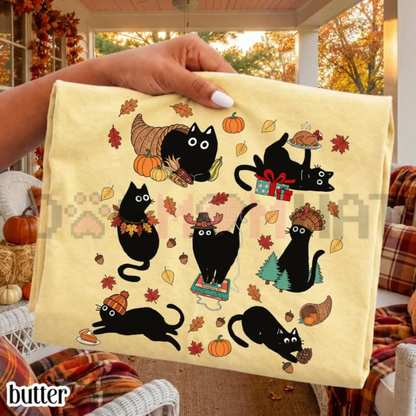 Comfort Colors® Thanksgiving Cat T-Shirt - Retro Black Cat Cozy Autumn Season Tee