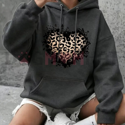 "Vintage Distressed Leopard Print Heart" Graphic Pullover Hoodie