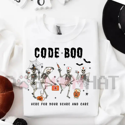 Halloween Nurse Sweatshirt - "Code Boo" Spooky Season Skeleton Crewneck
