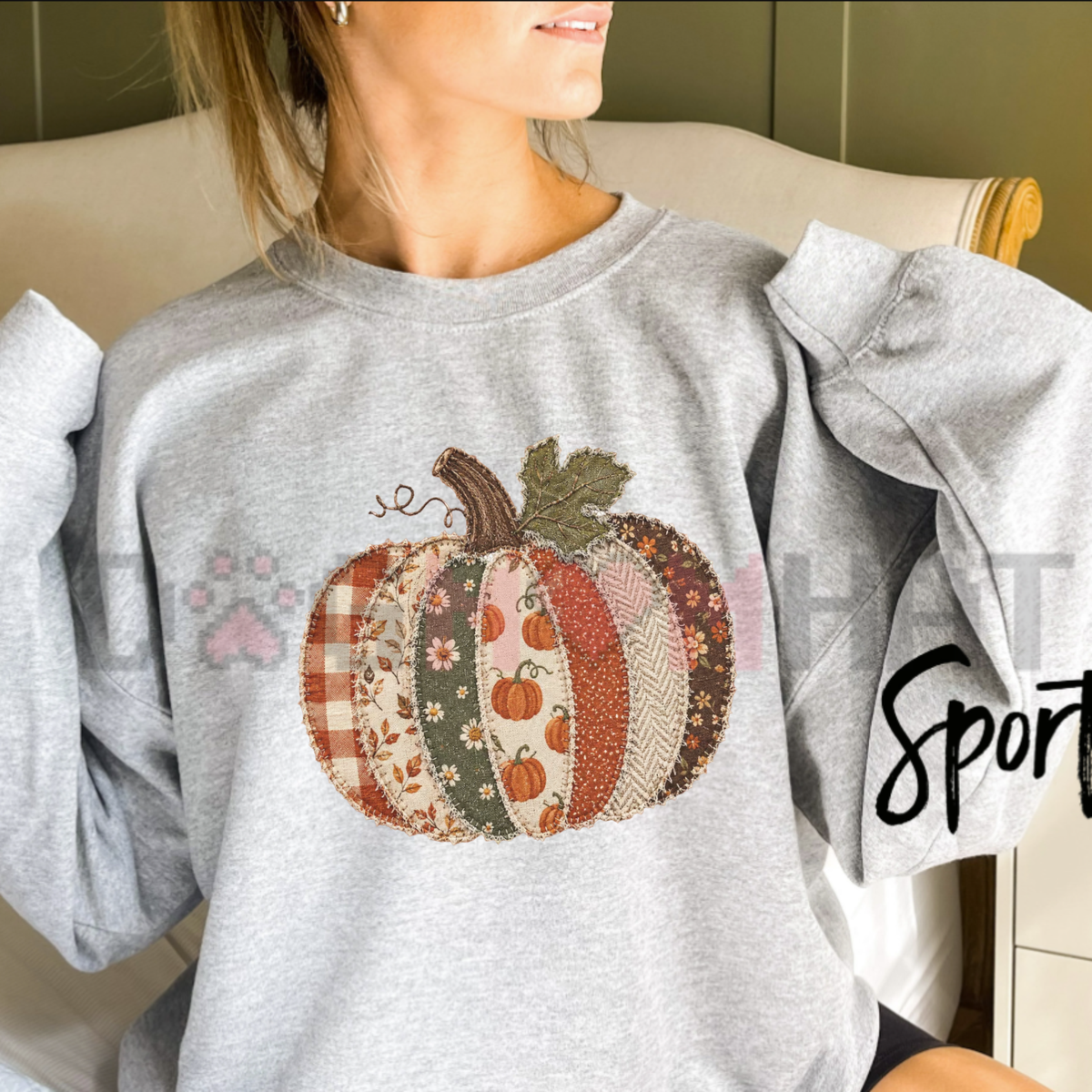 Faux Patchwork Fall Pumpkin Sweatshirt - Autumn Thanksgiving Crewneck Sweater