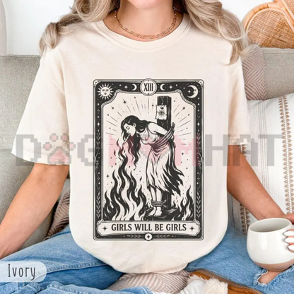 Comfort Colors Girls Will Be Girls Witch Graphic T-Shirt - Feminist Halloween & Cigarette Art Tee