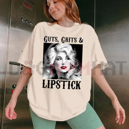 "Guts, Grit, and Lipstick" Vintage Country Music Graphic T-Shirt - Cowgirl Concert Homage Top