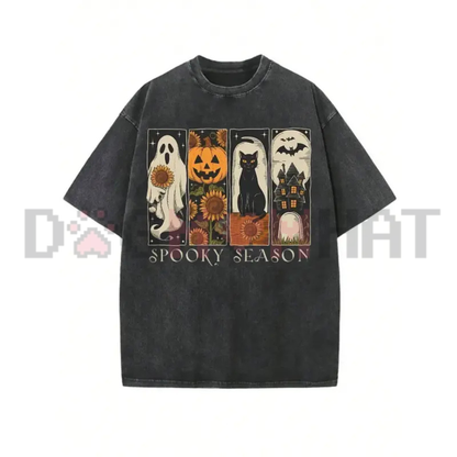 Spooky Season Four Panel Halloween Graphic Tee - Vintage Washed Black Soft Cotton Unisex Oversized Gothic Streetwear T-Shirt
