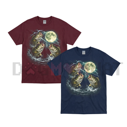 Bass Fish Moon 90s Vintage Graphic T-Shirt - Retro Fishing Tee