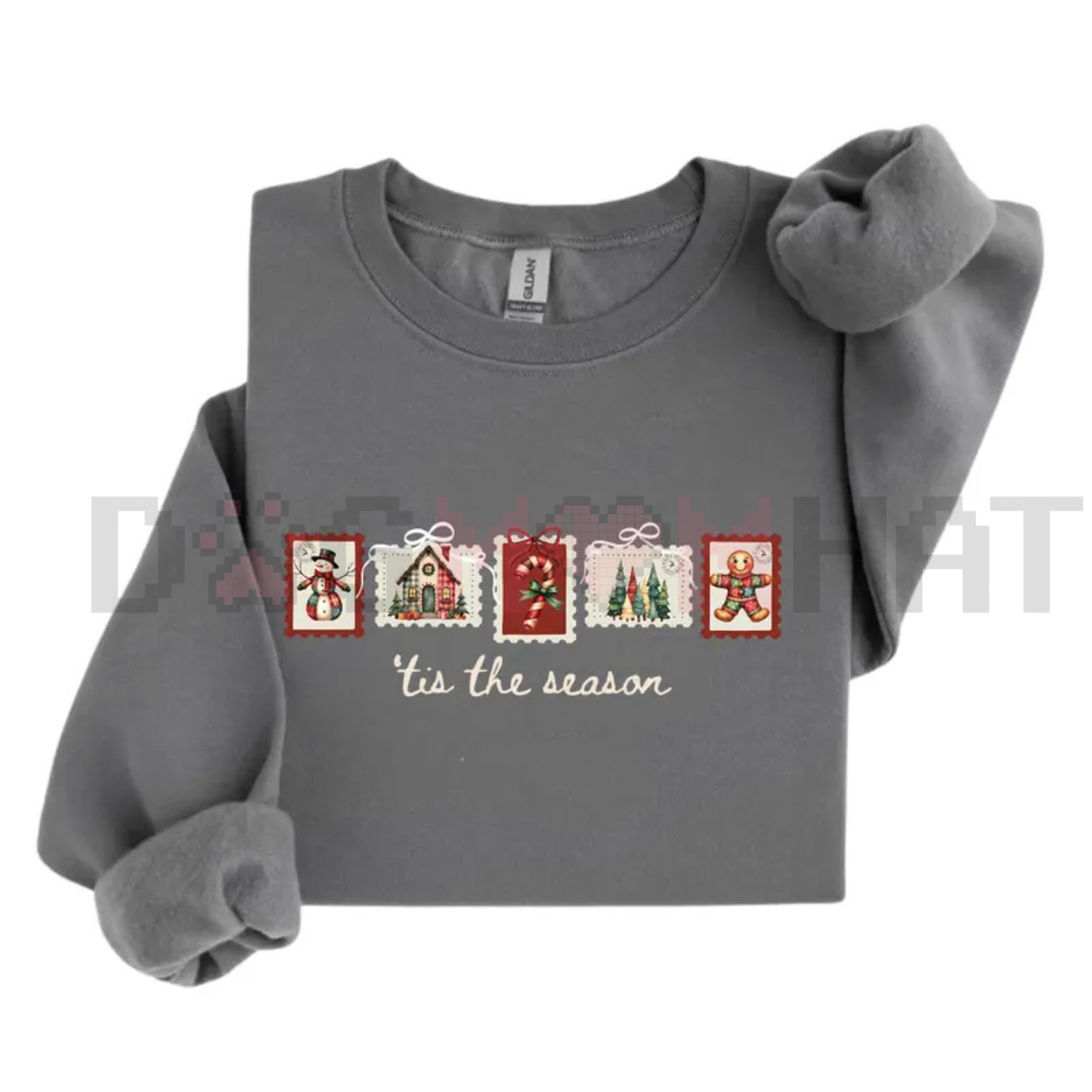 Retro Winter Stamp Sweatshirt – Patchwork Christmas Stamps Coquette Aesthetic Jumper