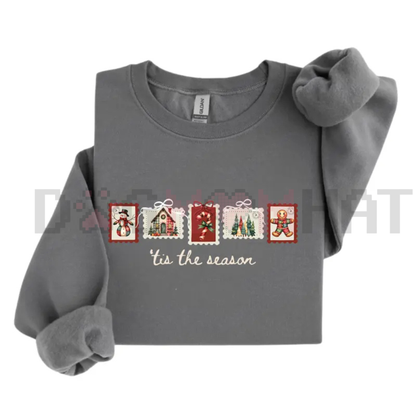 Retro Winter Stamp Sweatshirt – Patchwork Christmas Stamps Coquette Aesthetic Jumper