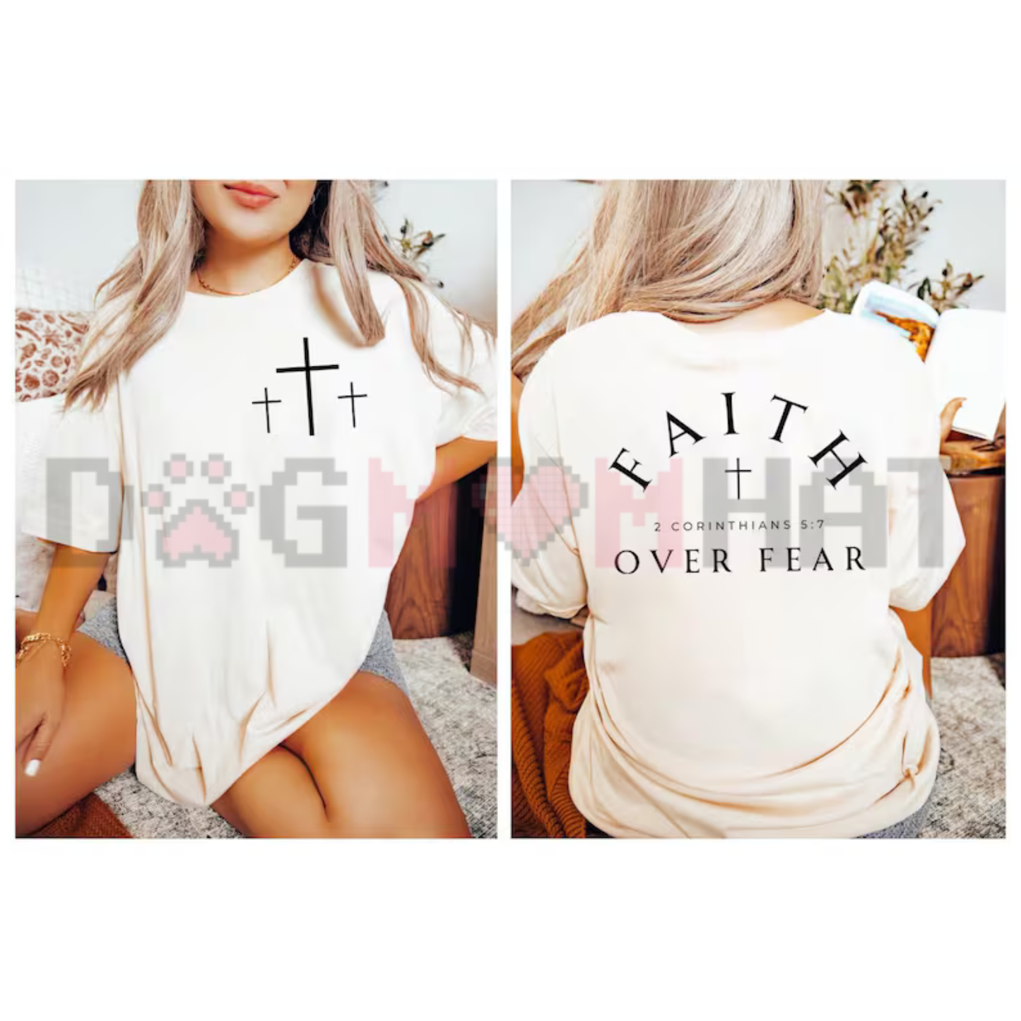 Faith Over Fear Minimalist Cross Graphic Tee - Dual-Sided Pink 2 Corinthians 5:7 Elegant Christian Cotton Women's T-Shirt