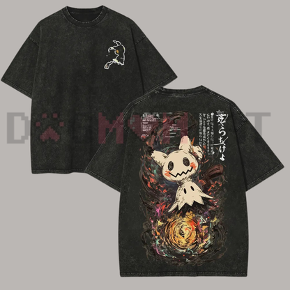 Phantom Shadow Anime Streetwear Tee - Cute Dark Aesthetic Mimikyu Vintage Washed Black Graphic Shirt