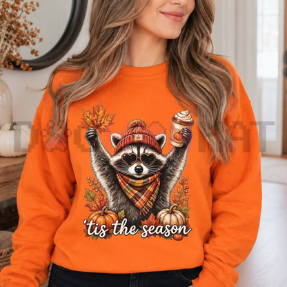 Retro Autumn Raccoon Pumpkin & Coffee Graphic Fleece Sweatshirt
