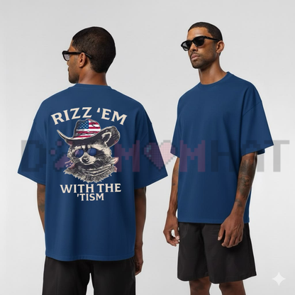 Patriotic Rizz ’Em With The ’Tism T-Shirt - Cool Raccoon Sunglasses & Cowboy Hat Graphic Tee