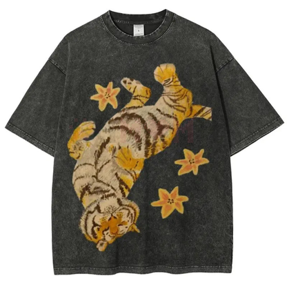 Lazy Tiger Unisex Vintage Washed T-Shirt – Funny Retro Streetwear Tee Gift for Him/Her