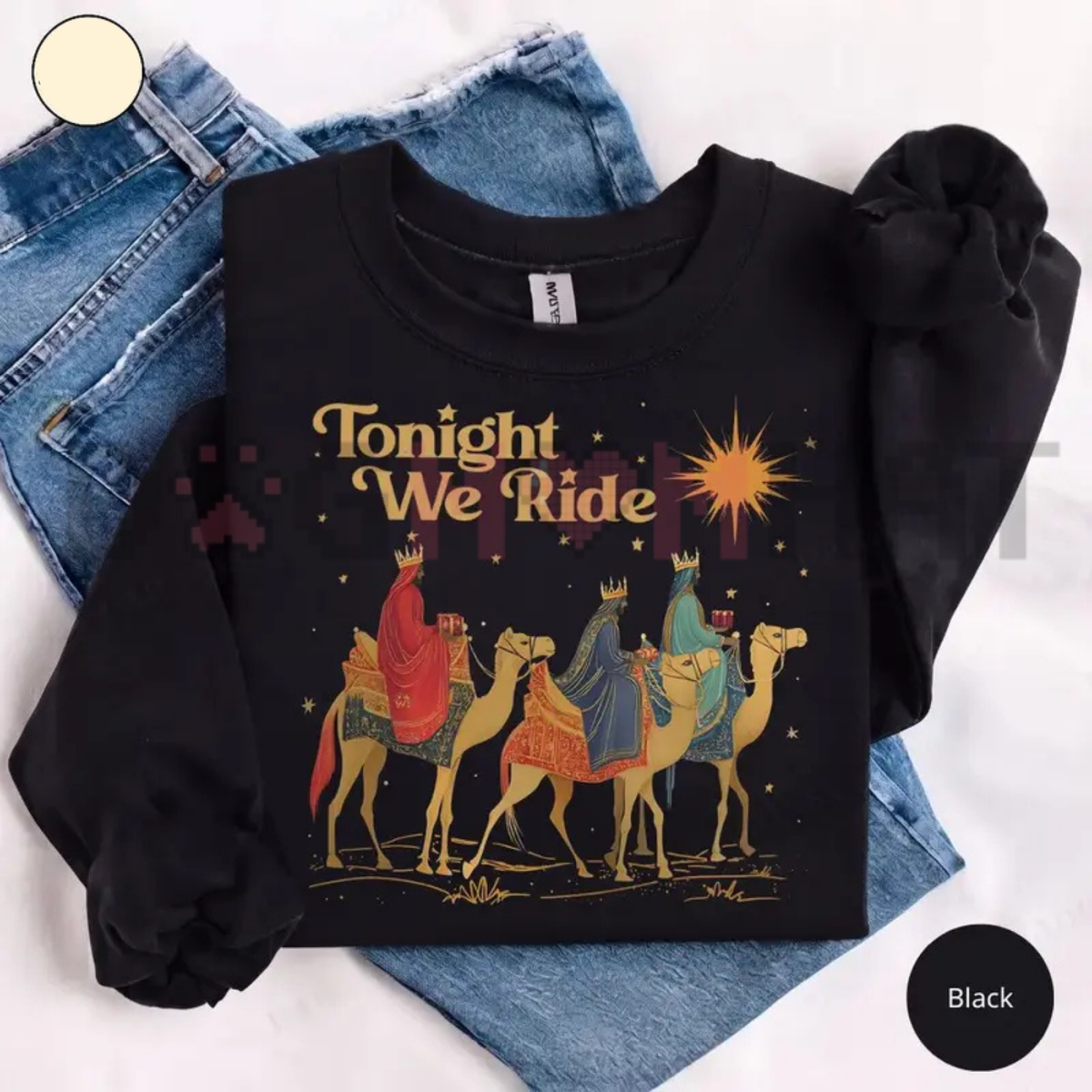 Festive Friction Sweatshirt – "Tonight We Ride" Retro Three Wise Men Faith Graphic Crewneck