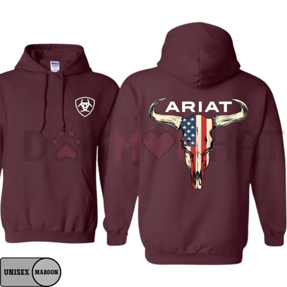 Ariat-Inspired American Flag Bull Skull Hoodie – Unisex Western Cowboy Pullover