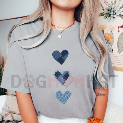 Denim Heart Patchwork Graphic Tee - Cute Casual Summer Streetwear Top for Women